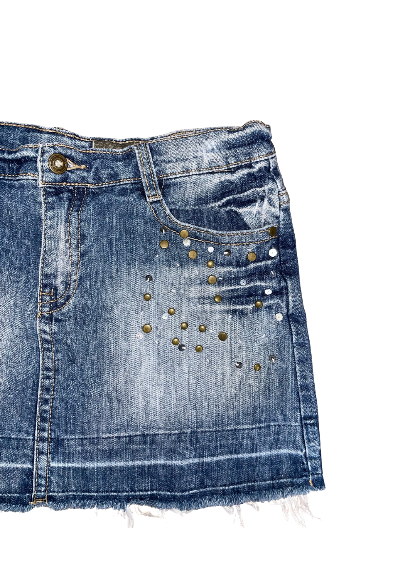 Studded Denim Mini Skirt – Distressed Blue Wash