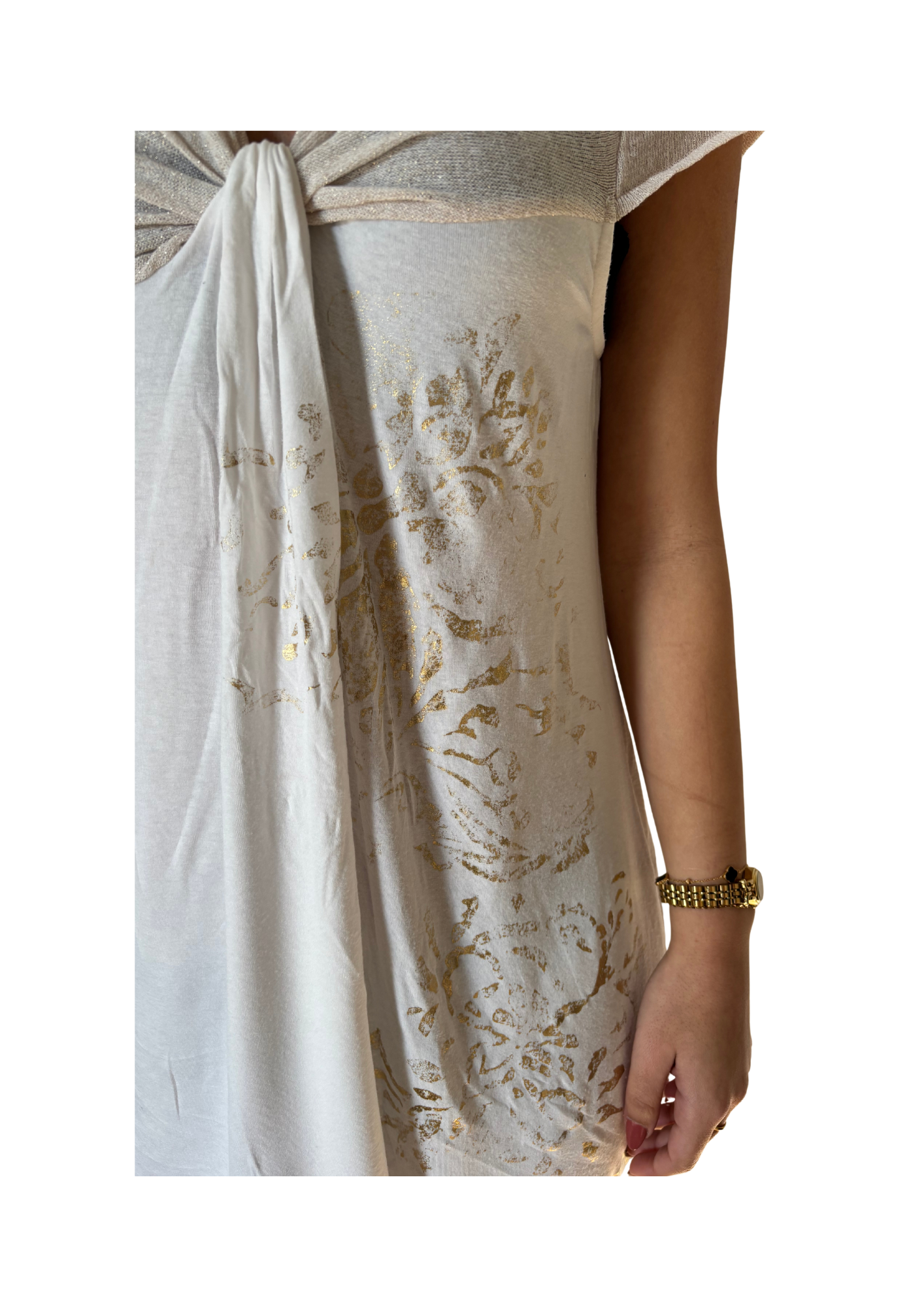 White Mini Dress with Gold Print