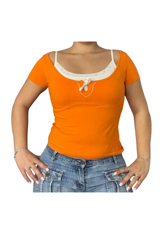 Y2K Orange Fitted Tee with Lace Trim & Bow