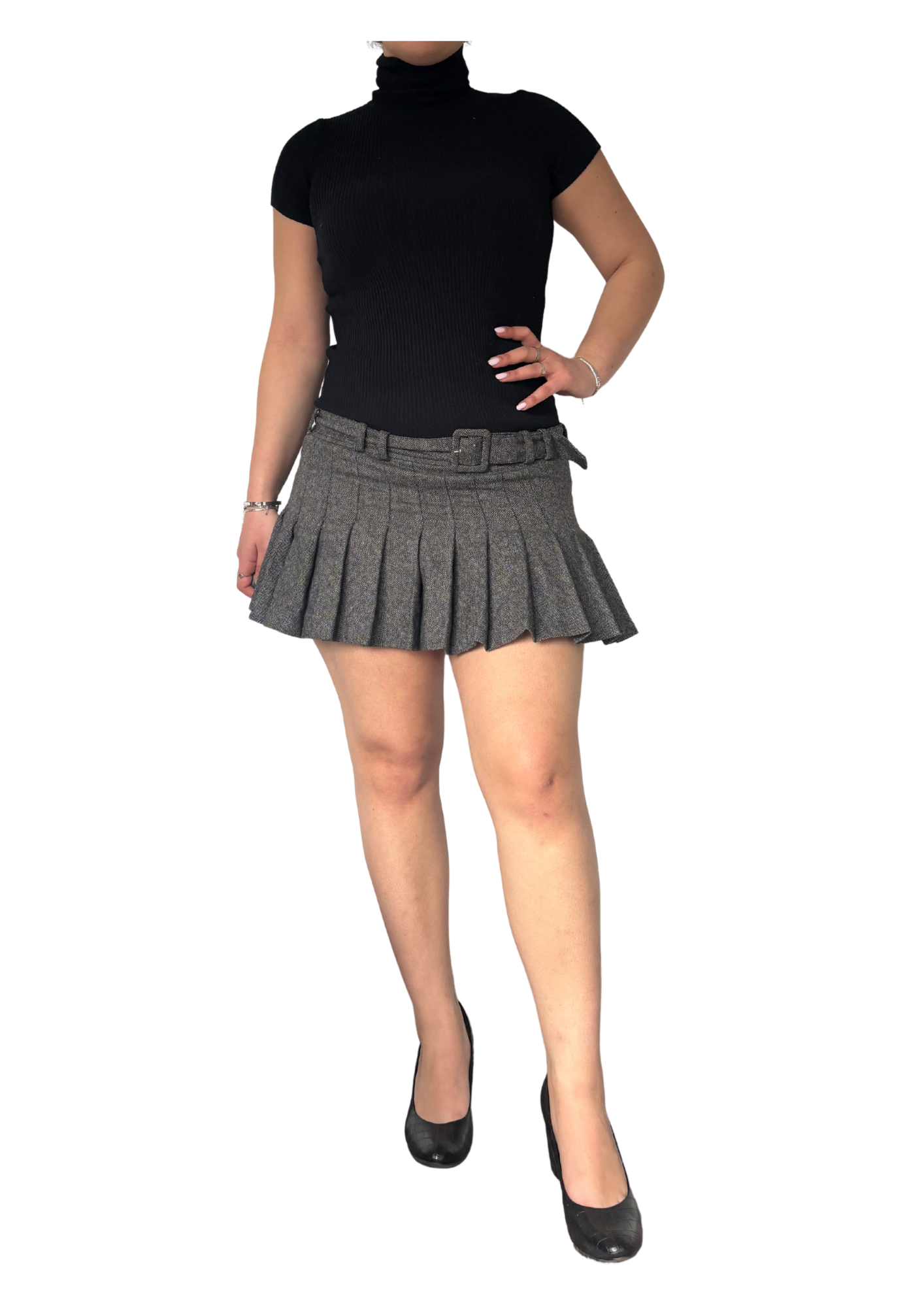 Grey Pleated Mini Skirt with Belt
