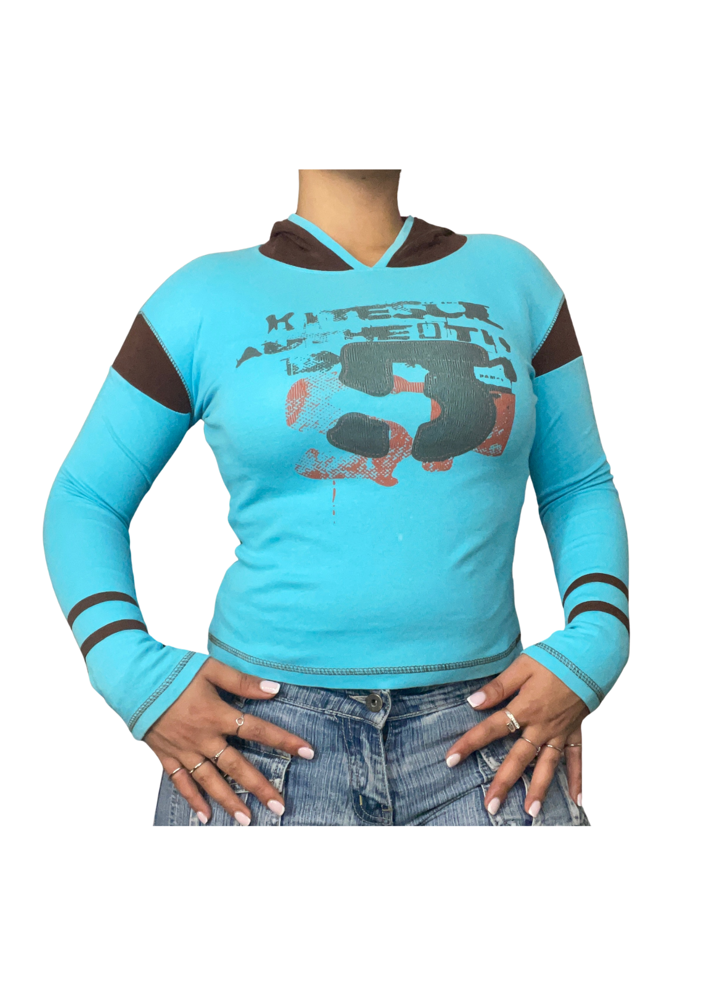 Y2K Graphic Hoodie Long Sleeve Top – Turquoise &amp; Brown