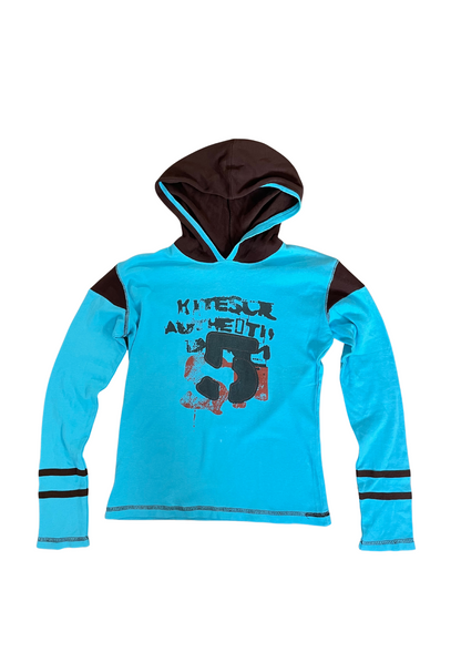 Y2K Graphic Hoodie Long Sleeve Top – Turquoise &amp; Brown