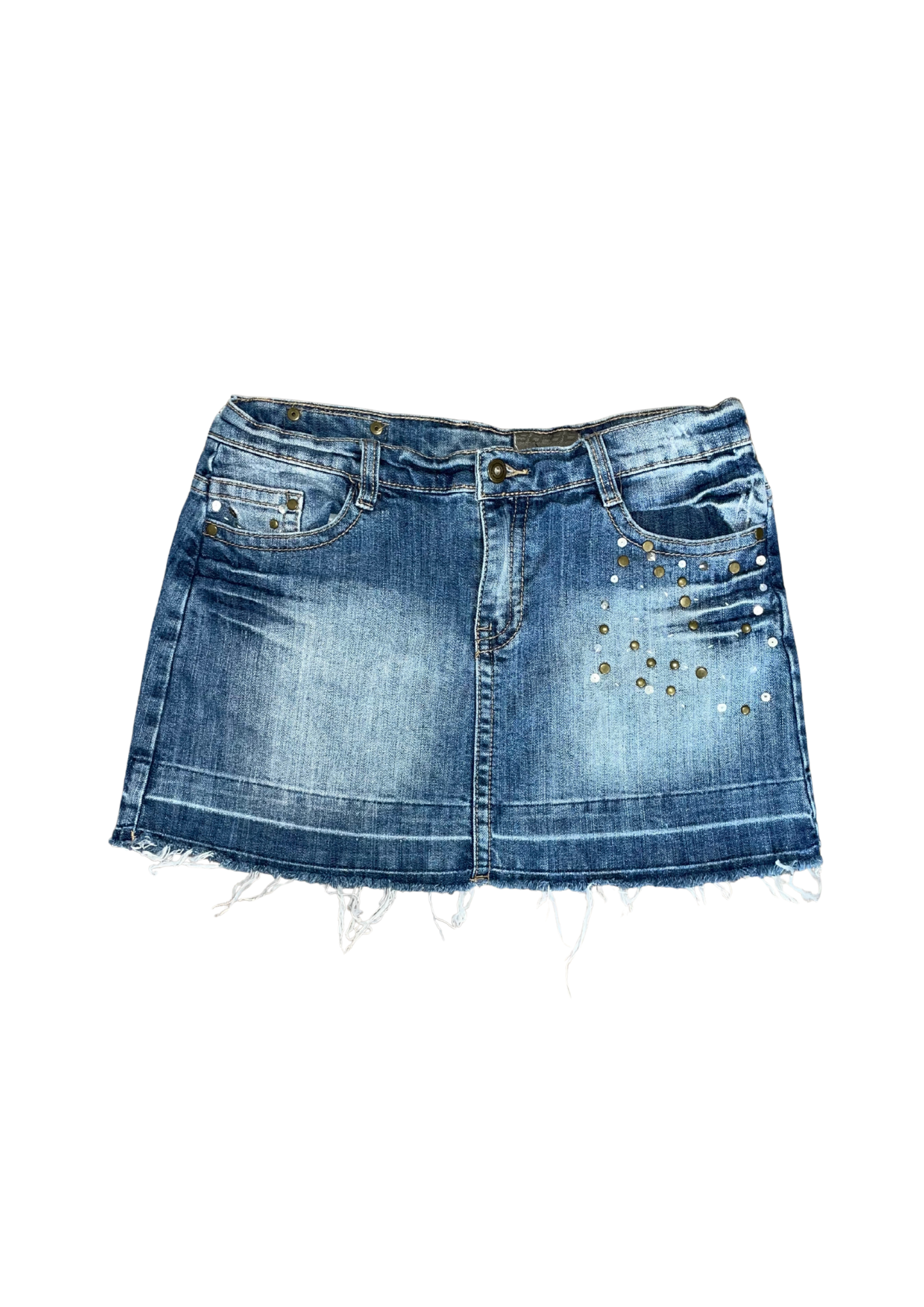 Studded Denim Mini Skirt – Distressed Blue Wash