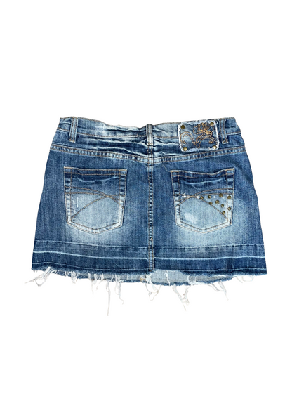 Studded Denim Mini Skirt – Distressed Blue Wash
