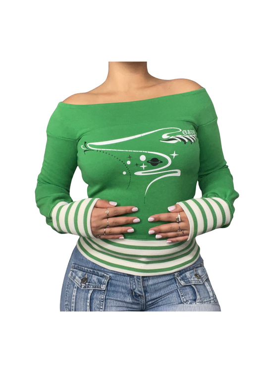 Y2K Off-Shoulder Graphic Top – Green with Striped Details