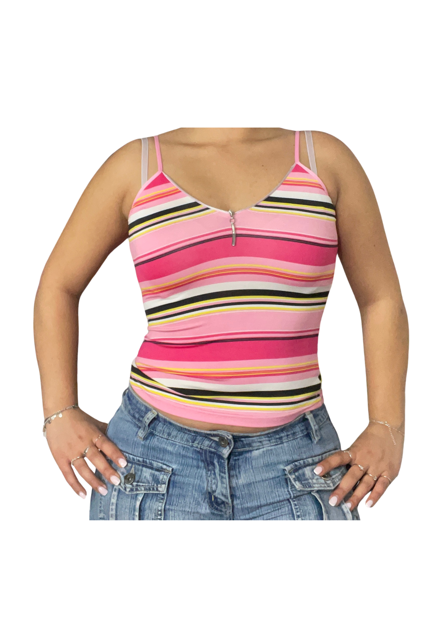 Striped Cami Top with Front Zip – Pink Multicolor