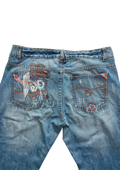 low waisted jeans with graphic on the back