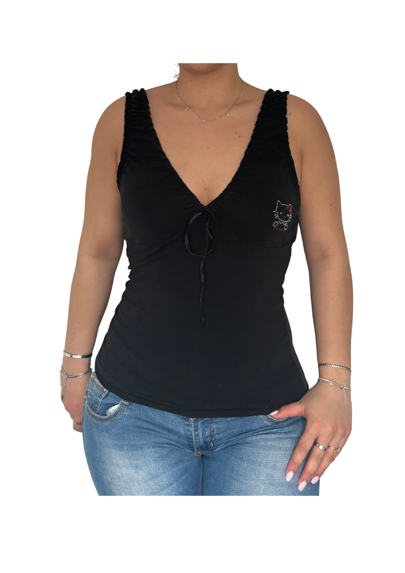 Black Hello Kitty Ruched Tie Front Top