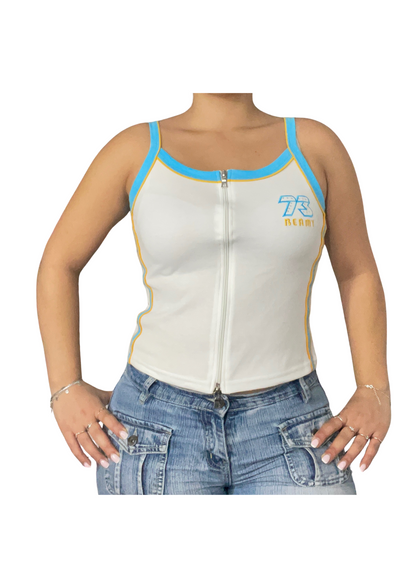 Sporty Zip-Up Tank Top – White with Blue &amp; Yellow Trim