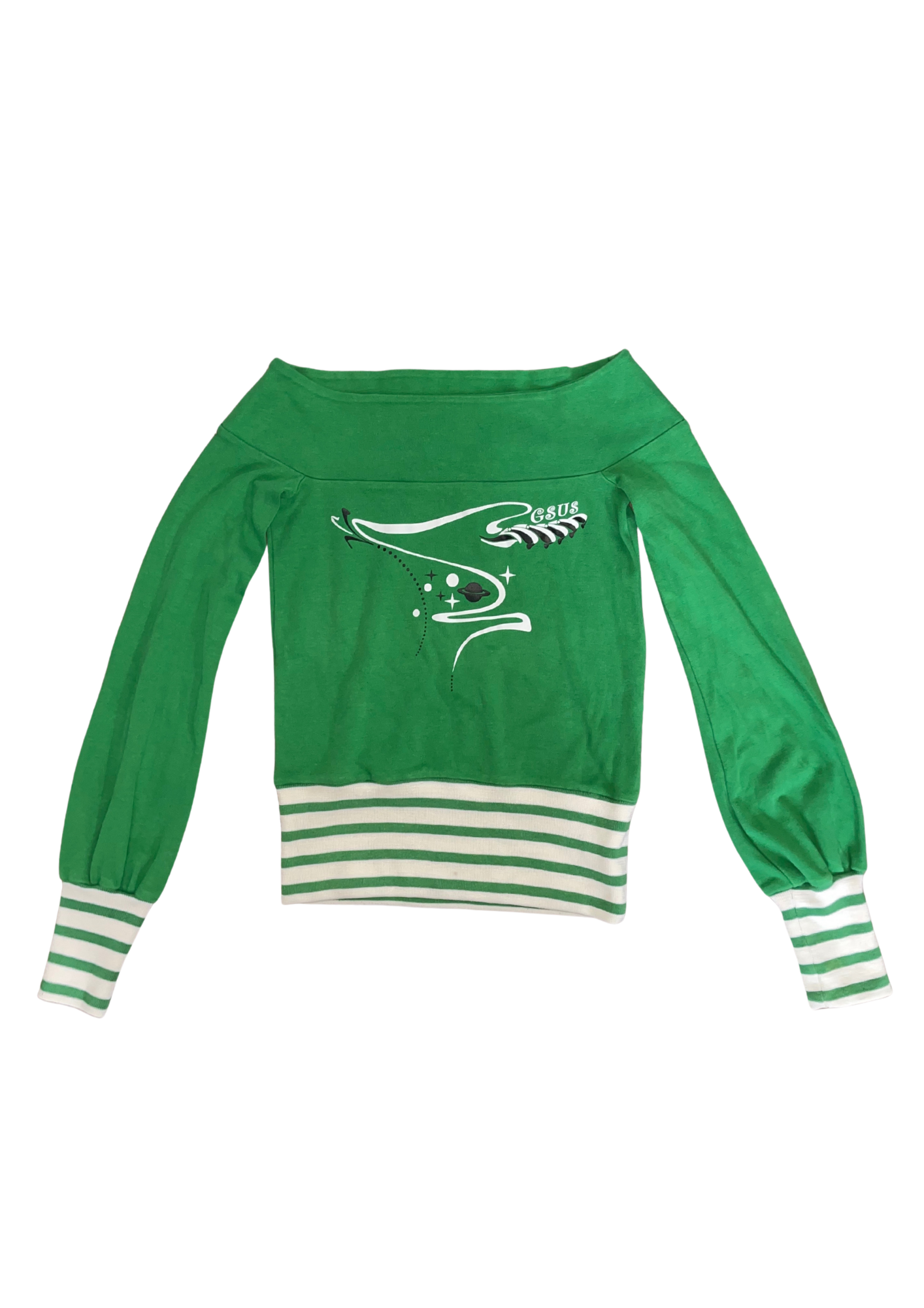 Y2K Off-Shoulder Graphic Top – Green with Striped Details