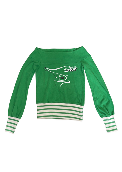 Y2K Off-Shoulder Graphic Top – Green with Striped Details