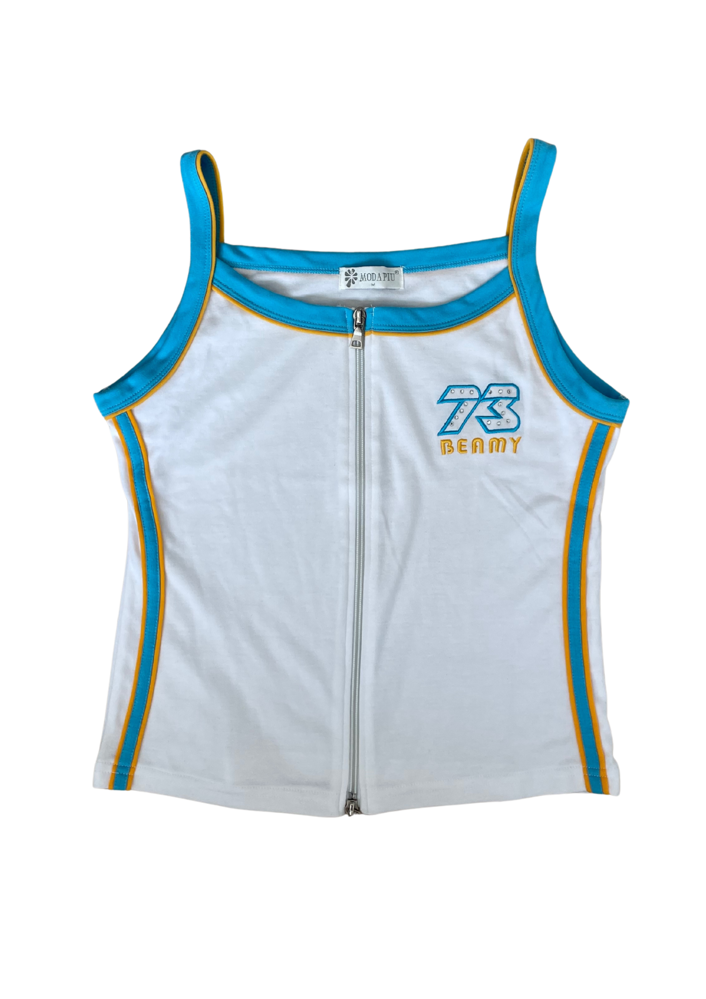 Sporty Zip-Up Tank Top – White with Blue &amp; Yellow Trim