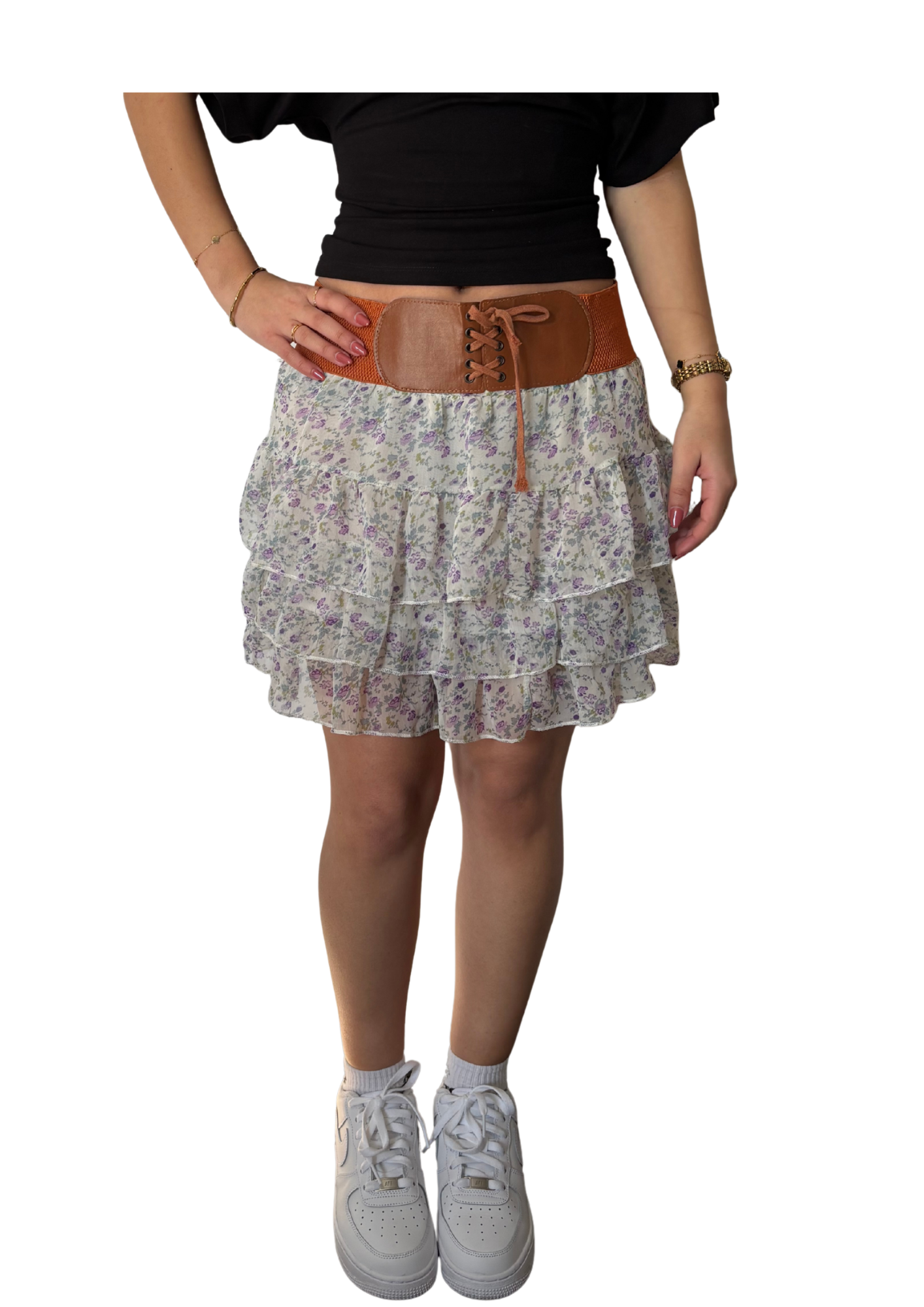 Floral Layered Mini Skirt with Waist Belt