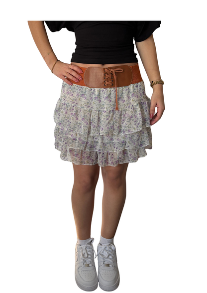 Floral Layered Mini Skirt with Waist Belt
